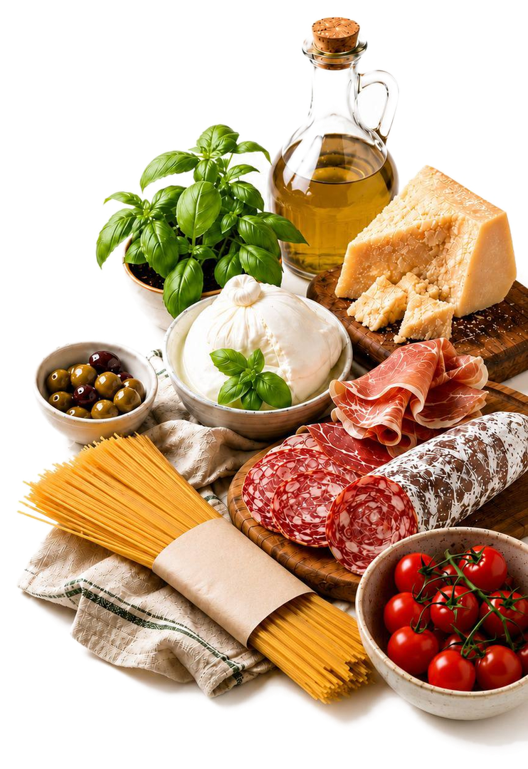 Prodotti tipici italiani — olio, formaggio, salumi, pasta